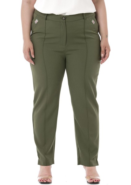 Büyük Beden Dar Paça Nervür Dikişli Paçası Yırtmaçlı Fermuarlı Haki Kadın Pantolon