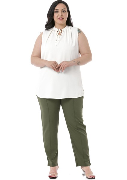 Büyük Beden Dar Paça Nervür Dikişli Paçası Yırtmaçlı Fermuarlı Haki Kadın Pantolon fiyatları