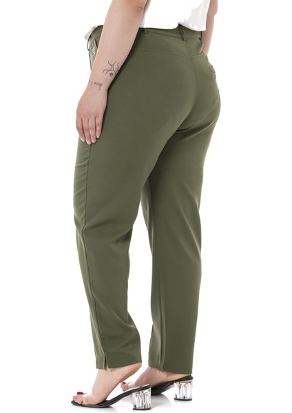 Büyük Beden Dar Paça Nervür Dikişli Paçası Yırtmaçlı Fermuarlı Haki Kadın Pantolon modelleri