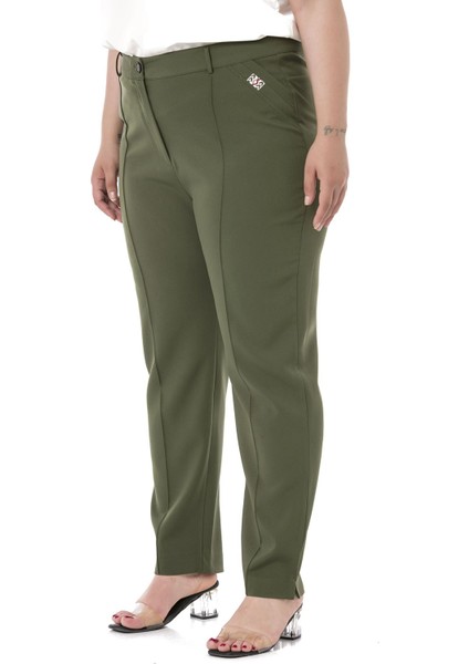 Büyük Beden Dar Paça Nervür Dikişli Paçası Yırtmaçlı Fermuarlı Haki Kadın Pantolon fırsatları