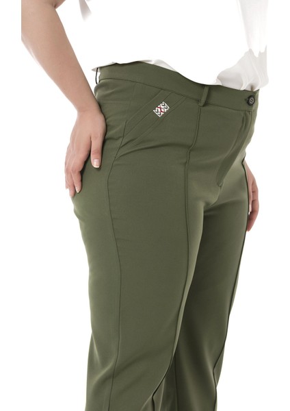 Büyük Beden Dar Paça Nervür Dikişli Paçası Yırtmaçlı Fermuarlı Haki Kadın Pantolon indirimleri