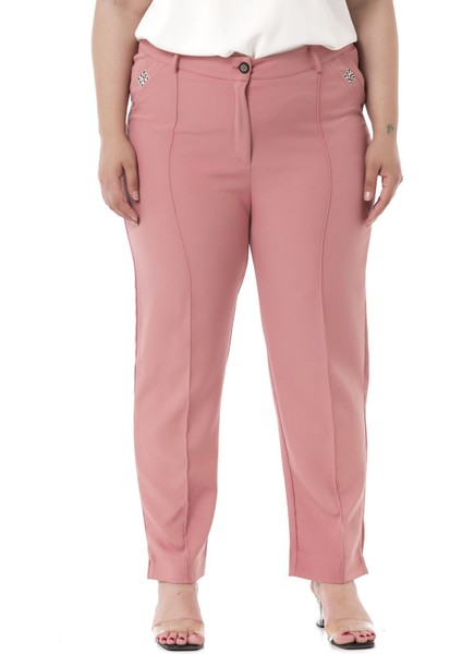 Büyük Beden Dar Paça Nervür Dikişli Paçası Yırtmaçlı Fermuarlı Pembe Kadın Pantolon