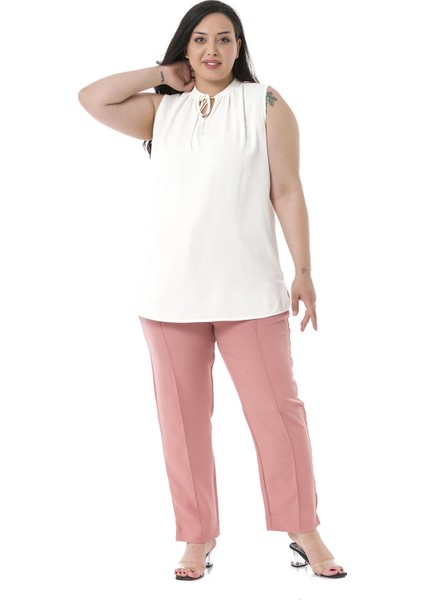 Büyük Beden Dar Paça Nervür Dikişli Paçası Yırtmaçlı Fermuarlı Pembe Kadın Pantolon fiyatları