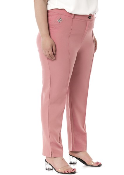 Büyük Beden Dar Paça Nervür Dikişli Paçası Yırtmaçlı Fermuarlı Pembe Kadın Pantolon fırsatları