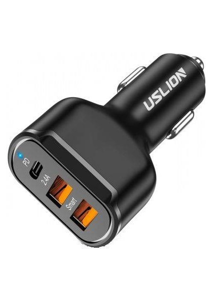 USLİON 30W 2 USB + Type-C Girişli QC3.0 Hızlı Araç Çakmaklık Şarjı