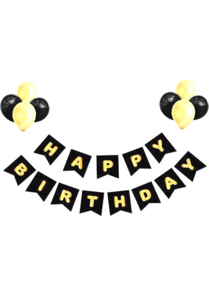 Siyah Üzeri Gold Baskılı Happy Birthday Balonlu Set