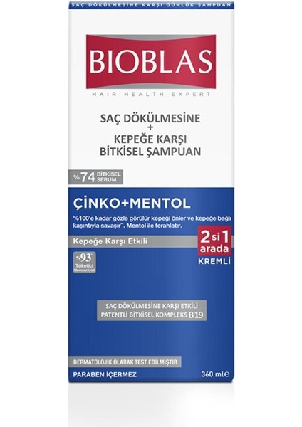 Şampuan 360ML Zinc+Menthol 2in1 Kepeğe Karşı Kremli Şampuan