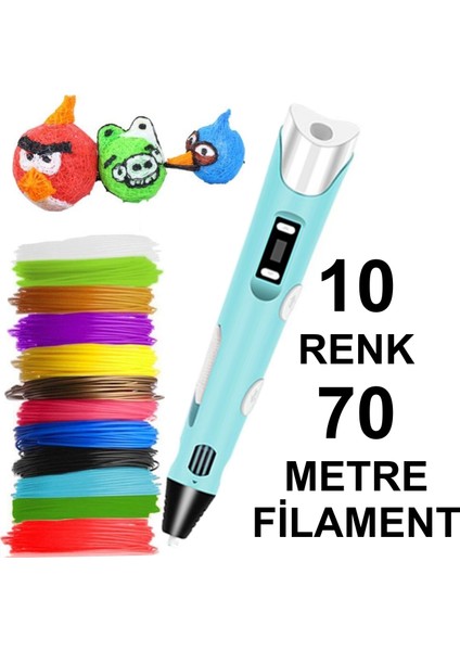 Mavi 3D Kalem Yazıcı+10 Renk 70 Metre (10X7METRE) Pla Filament