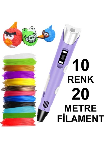 Mor 3D Kalem Yazıcı+10 Renk 20 Metre (10X2METRE) Pla Filament