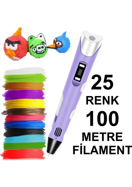 Mor 3D Kalem Yazıcı+25 Renk 100 Metre (25X4METRE) Pla Filament