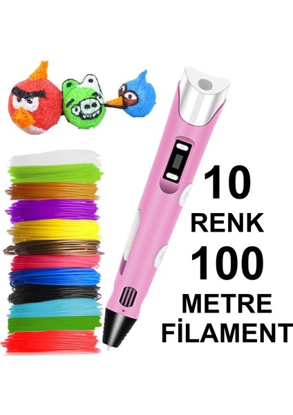 Pembe 3D Kalem Yazıcı+10 Renk 100 METRE(10X10METRE) Pla Filament