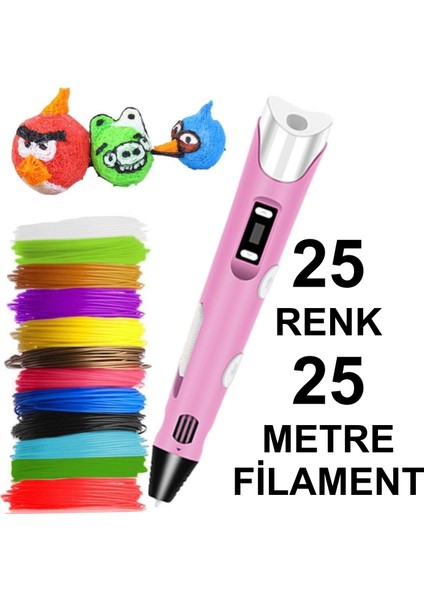 Pembe 3D Kalem Yazıcı+25 Renk 25 Metre (25X1METRE) Pla Filament