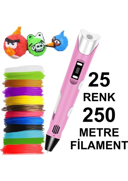 Pembe 3D Kalem Yazıcı+25 Renk 250 METRE(25X10METRE) Pla Filament