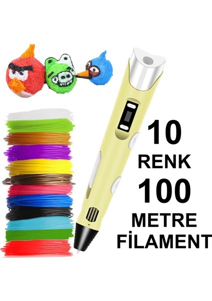 Sarı 3D Kalem Yazıcı+10 Renk 100 Metre (10X10METRE) Pla Filament