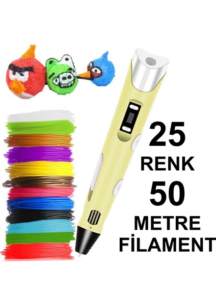 Sarı 3D Kalem Yazıcı+25 Renk 50 Metre (25X2METRE) Pla Filament