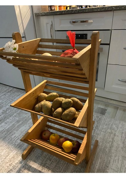 Doğal Ahşap Çok Amaçlı 3 Katlı Sebzelik/meyvelik Açık Meşe