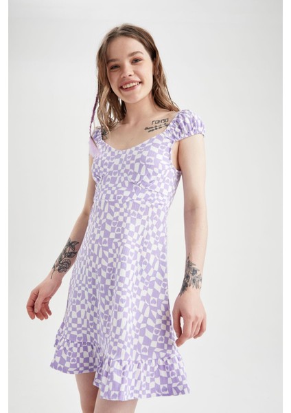 Coool A Kesim V Yaka Desenli Kısa Kollu Midi Elbise U2070AZ22HS fırsatları