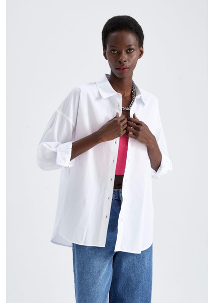 Oversize Fit Pamuklu Uzun Kollu Poplin Gömlek T8735AZ22SM
