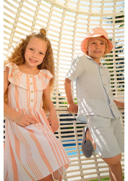 Kız Çocuk Esnek Carmen Yaka Kısa Kolsuz Poplin Elbise W7763A622SM