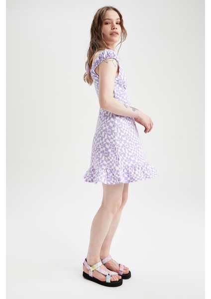 Coool A Kesim V Yaka Desenli Kısa Kollu Midi Elbise U2070AZ22HS