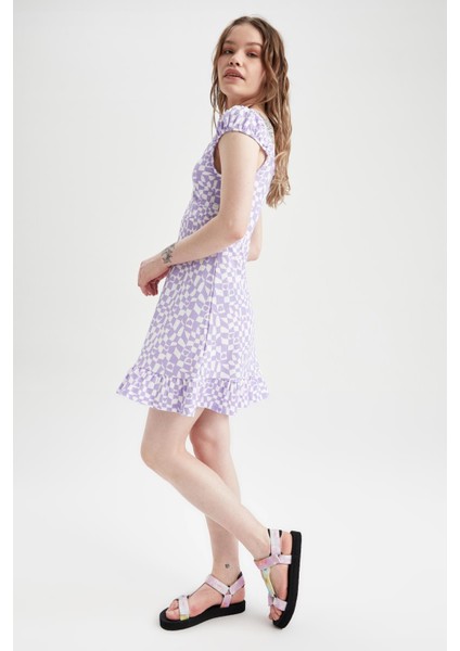 Coool A Kesim V Yaka Desenli Kısa Kollu Midi Elbise U2070AZ22HS