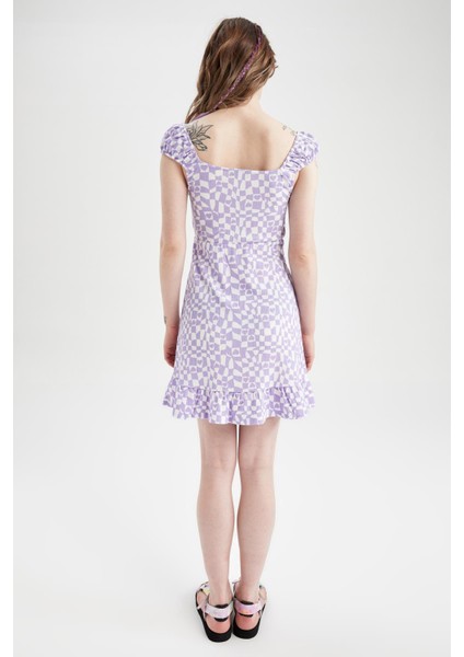 Coool A Kesim V Yaka Desenli Kısa Kollu Midi Elbise U2070AZ22HS