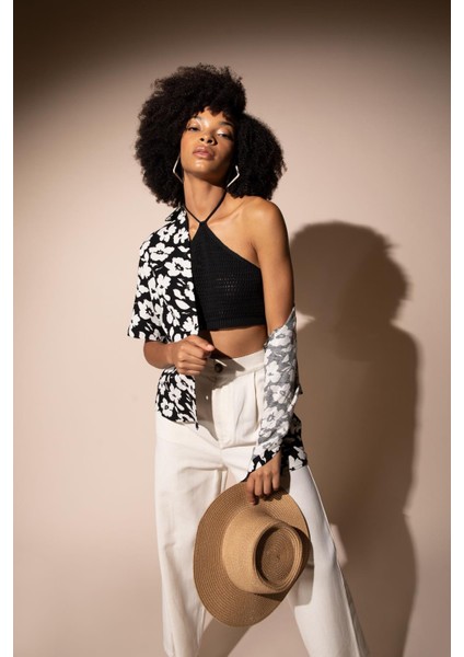 Oversize Fit Floral Keten Karışımlı Kısa Kollu Gömlek Y0803AZ22HS fiyatları