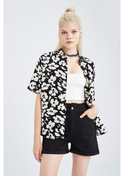 Oversize Fit Floral Keten Karışımlı Kısa Kollu Gömlek Y0803AZ22HS indirimleri