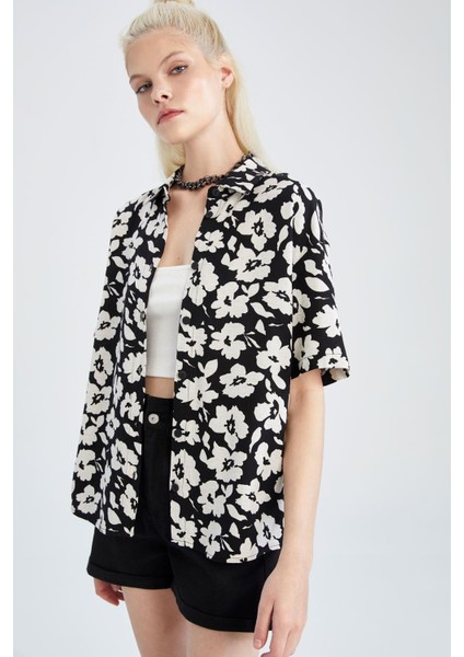Oversize Fit Floral Keten Karışımlı Kısa Kollu Gömlek Y0803AZ22HS