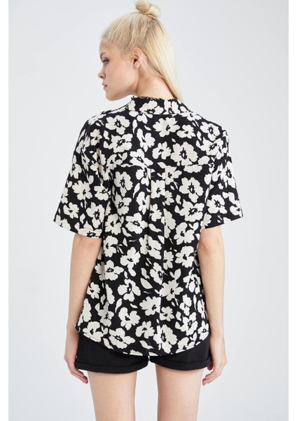 Oversize Fit Floral Keten Karışımlı Kısa Kollu Gömlek Y0803AZ22HS