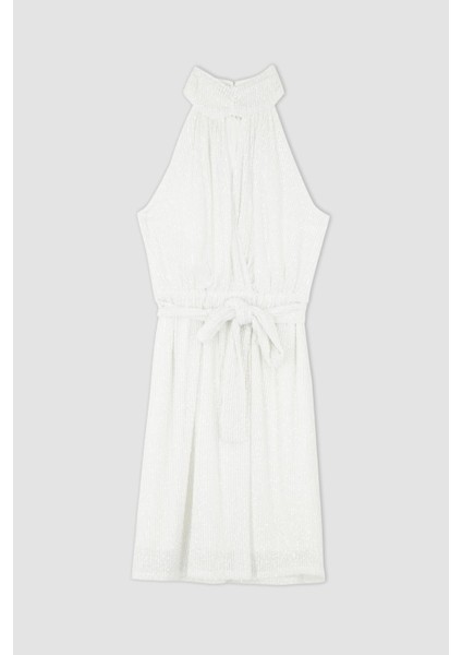 Nihan Peker Tasarım Dik Yaka Beli Kuşaklı Tül Detaylı Mini Abiye Elbise X9197AZ22SM