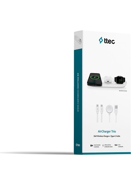 Aircharger Trio 3’ü 1 Arada iPhone Uyumlu + Apple Watch Uyumlu + Airpods Kablosuz Hızlı Şarj Aleti