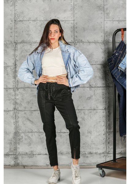 Beli Lastikli Kordonlu Özel Kaplama Paça Fermuar Jogger Jeans