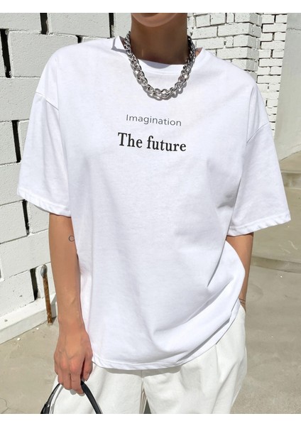 Kadın Beyaz The Future Baskılı Oversize Tshirt indirimleri