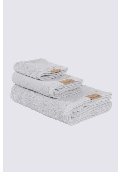 Pure Cotton 3'lü Havlu Seti Organik Pamuk Kelebek Bordürlü Nakışlı Gri