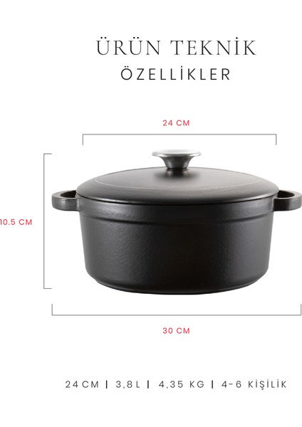 Elegance Derin Döküm Tencere 24 cm. Siyah