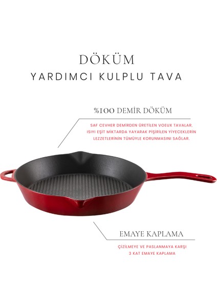 L'amour Yardımcı Kulplu Döküm Tava 28 cm Kırmızı