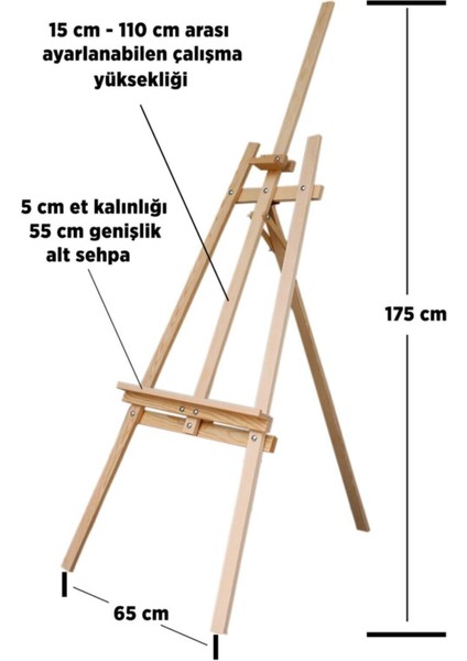 Ahşap Resim Şövalesi, Ressam Sehpası, 175 cm Ayarlanabilir Yükseklik, Hakiki Çam Ağacı