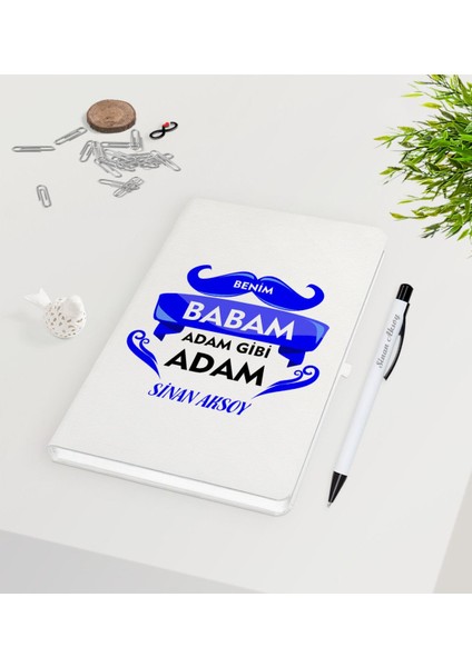 Kişiye Özel Benim Babam Adam Gibi Adam Tasarımlı 9X14CM Beyaz Defter ve Kalem Seti - Model 1