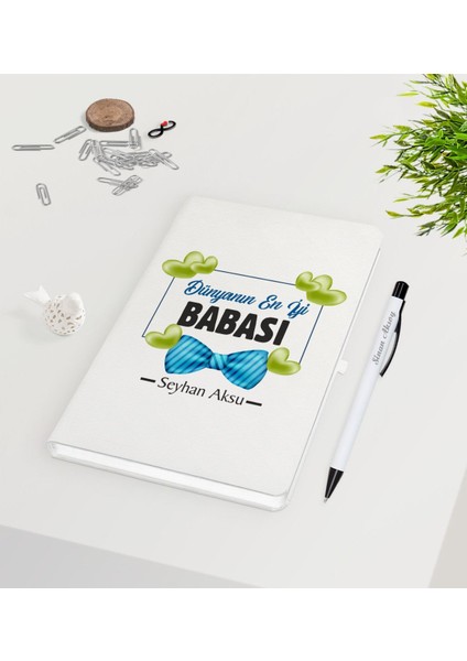 Kişiye Özel Dünyanın En Iyi Babası Tasarımlı 9X14CM Beyaz Defter ve Kalem Seti - Model 1