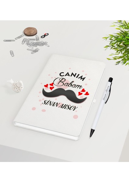 Kişiye Özel Canım Babam Tasarımlı 9X14CM Beyaz Defter ve Kalem Seti - Model 2