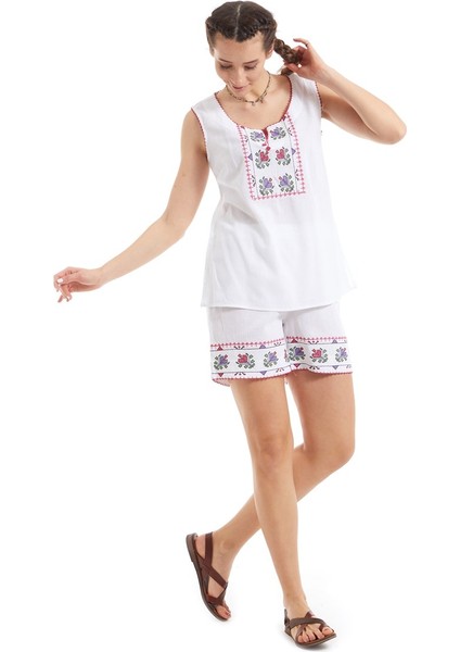 Şile Bezi Beyaz Nakış Işlemeli Atlet-Şort Takım fiyatları