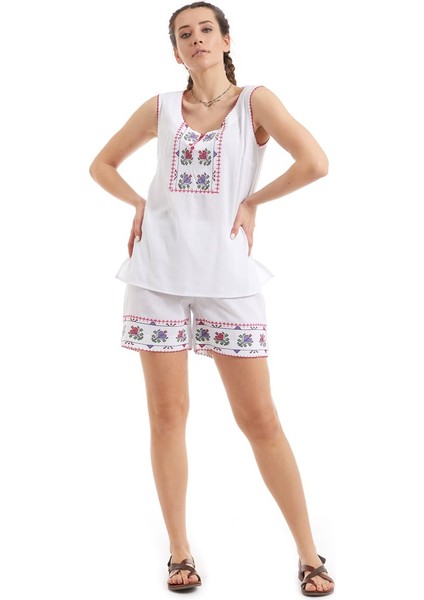 Şile Bezi Beyaz Nakış Işlemeli Atlet-Şort Takım modelleri