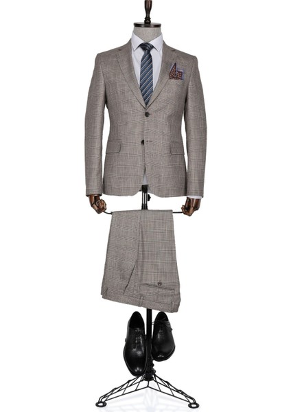Ekose Bottega Slim Fit Kahverengi Erkek Takım Elbise