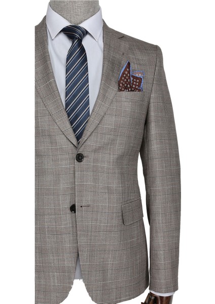 Ekose Bottega Slim Fit Kahverengi Erkek Takım Elbise