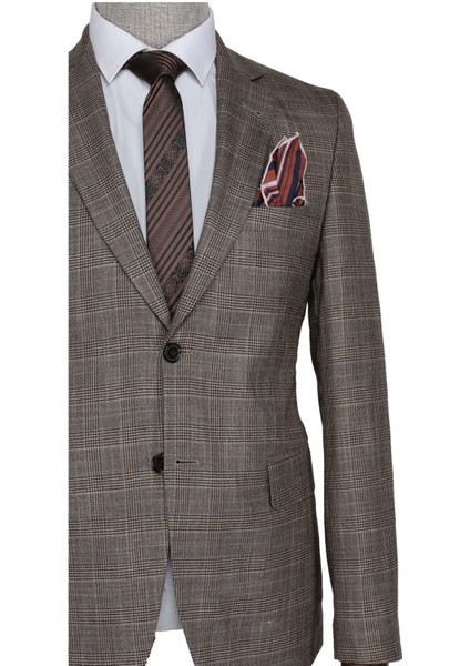 Ekose Bottega Slim Fit Toprak Erkek Takım Elbise