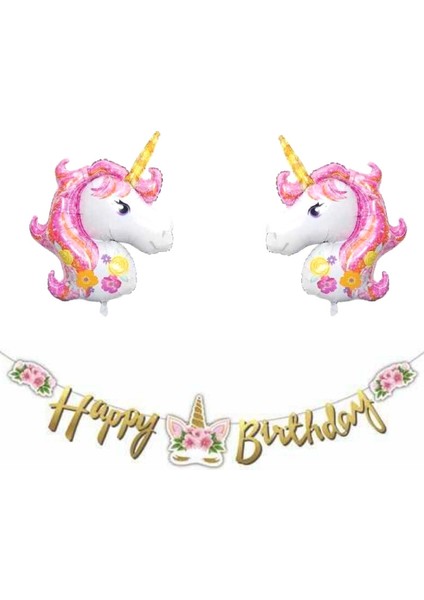 Çiçekli Unicorn Happy Birthday Folyo Balonlu Set