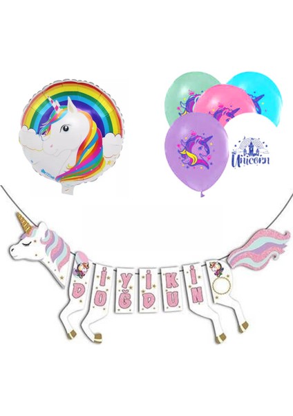 Unicorn Şekilli Iyi Ki Doğdun Balonlu Set