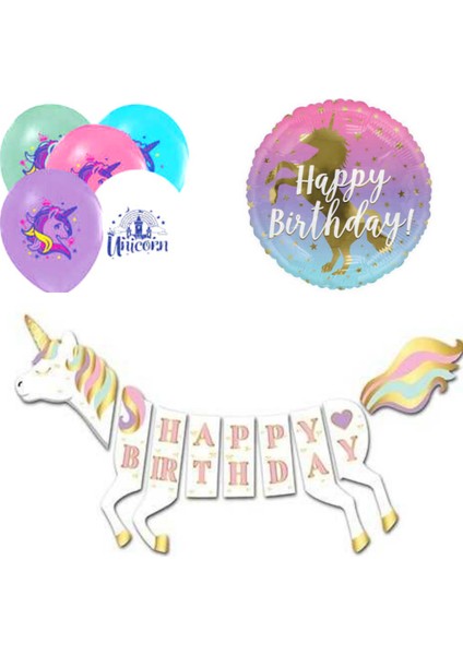 Unicorn Şekilli Happy Birthday Balonlu Set