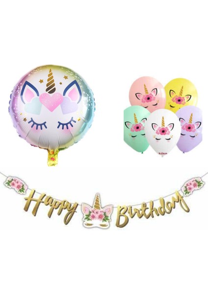 Çiçekli Unicorn Happy Birthday Balonlu Set